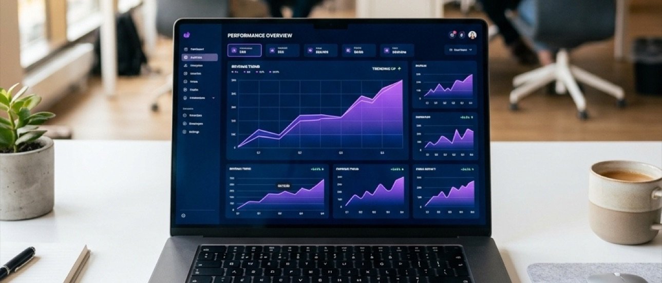 Laptop aperto su una scrivania chiara con una dashboard di grafici in crescita, accanto una pianta e una tazza di caffè
